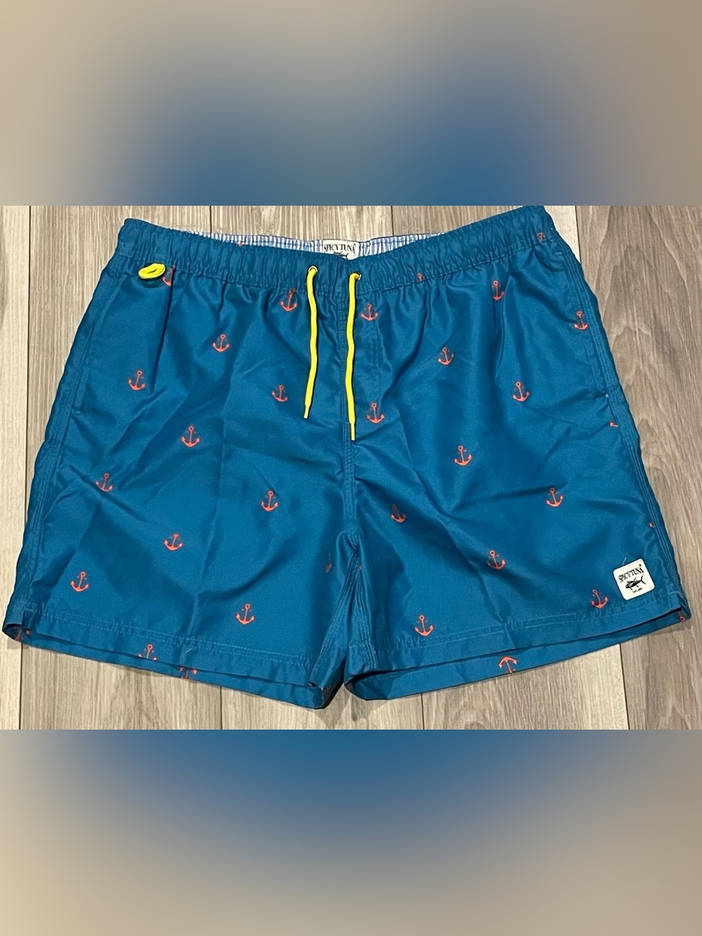Spicy Tuna Anchor-Print Swim Trunks with Yellow Drawcord